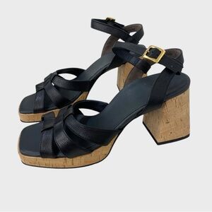 Paul Green NEW Black Leather Cork Block Heel Tina Sandal UK Size 7 US Size 9.5